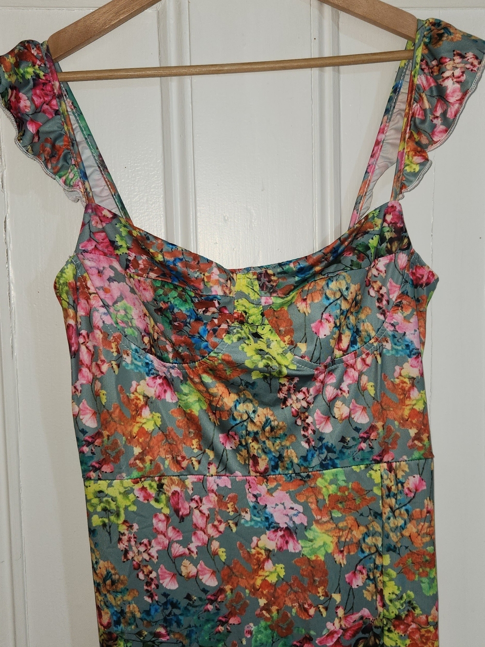 Sexy Multicolor Floral Slip Midi Dress with Ruffled Straps XL - Picture 4 of 6